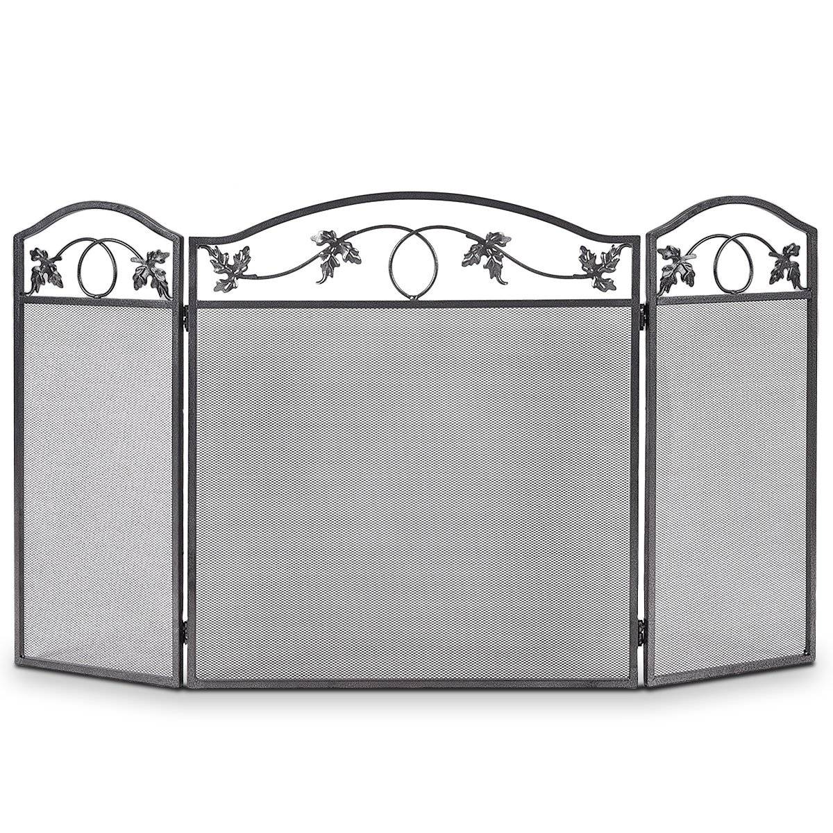 Spark protection grille with sturdy metal frame, 3-part foldable fireplace grille, black