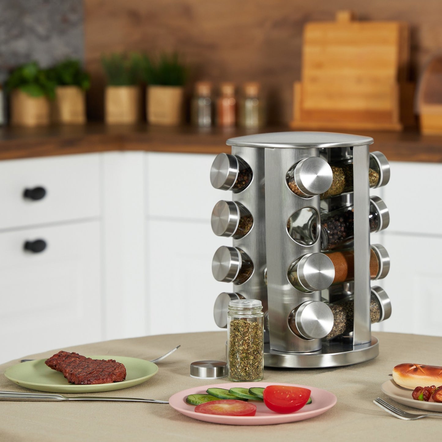 Spice carousel in stainless steel with 16 glasses