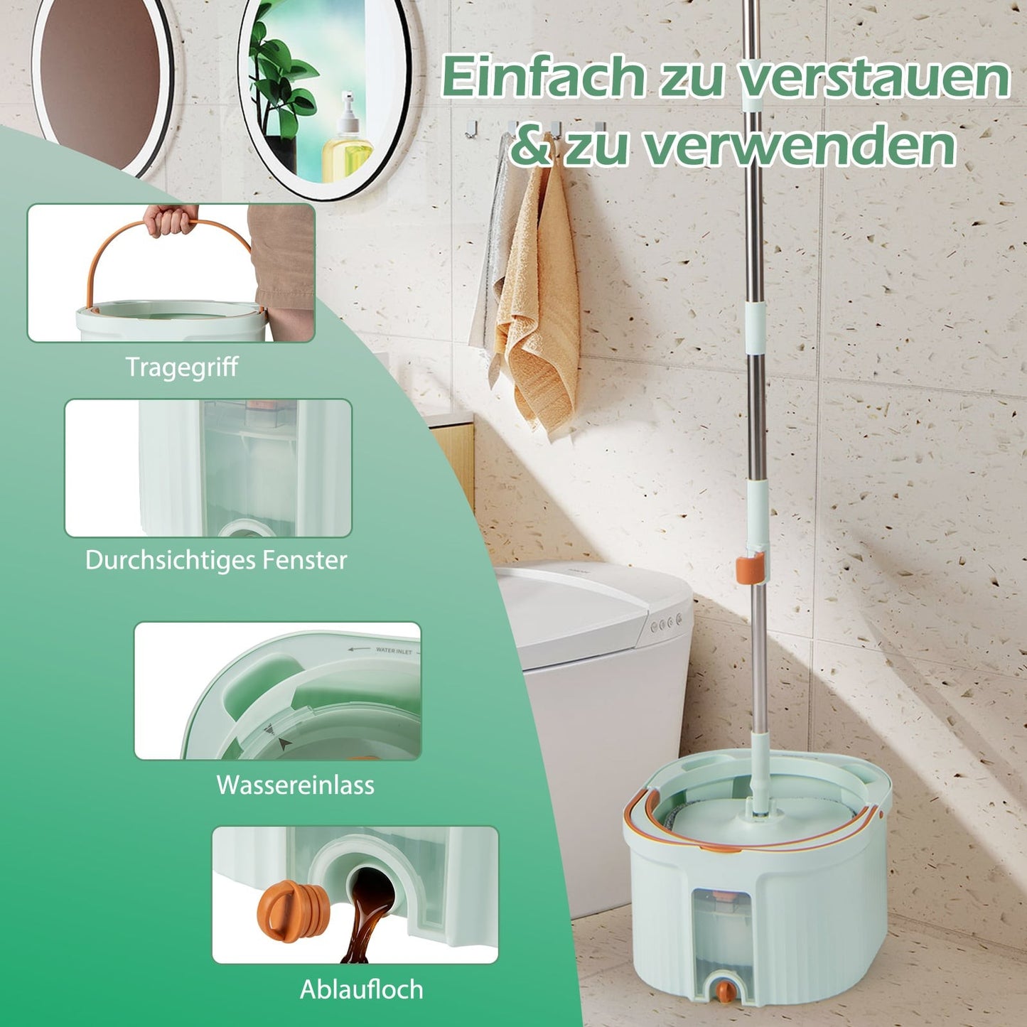 Spin Mop and Bucket Set with Water Separation, 360 Head