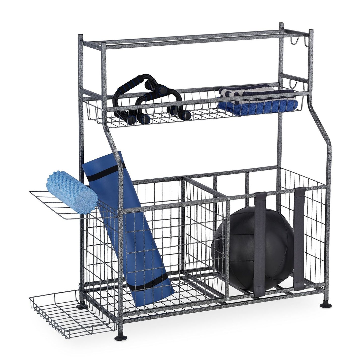 Sports Equipment Rack – Metal, 2 Baskets, Shelves