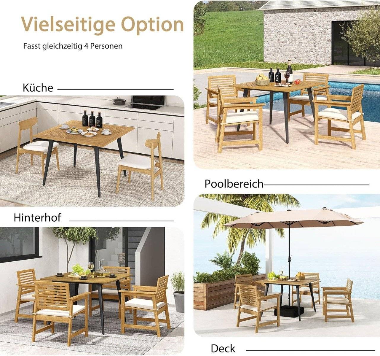 Square Acacia Wood Patio Table with Umbrella Hole