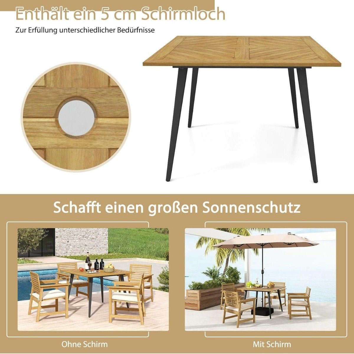 Square Acacia Wood Patio Table with Umbrella Hole