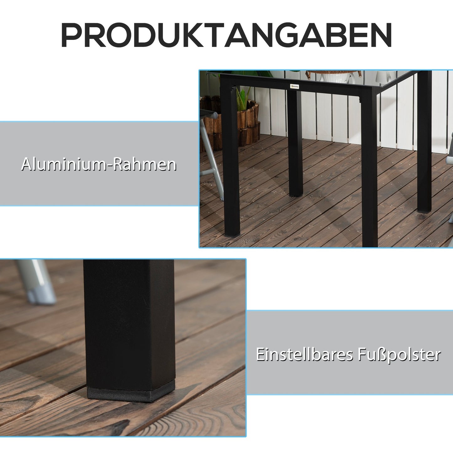 Square aluminum patio table, tempered glass top, seats 4