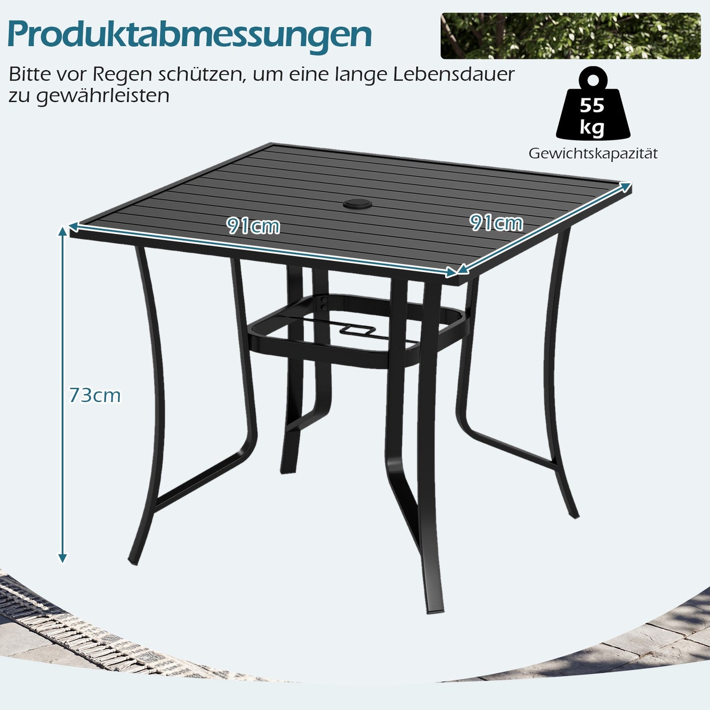 Square Metal Patio Table with Umbrella Hole, Black, 91cm