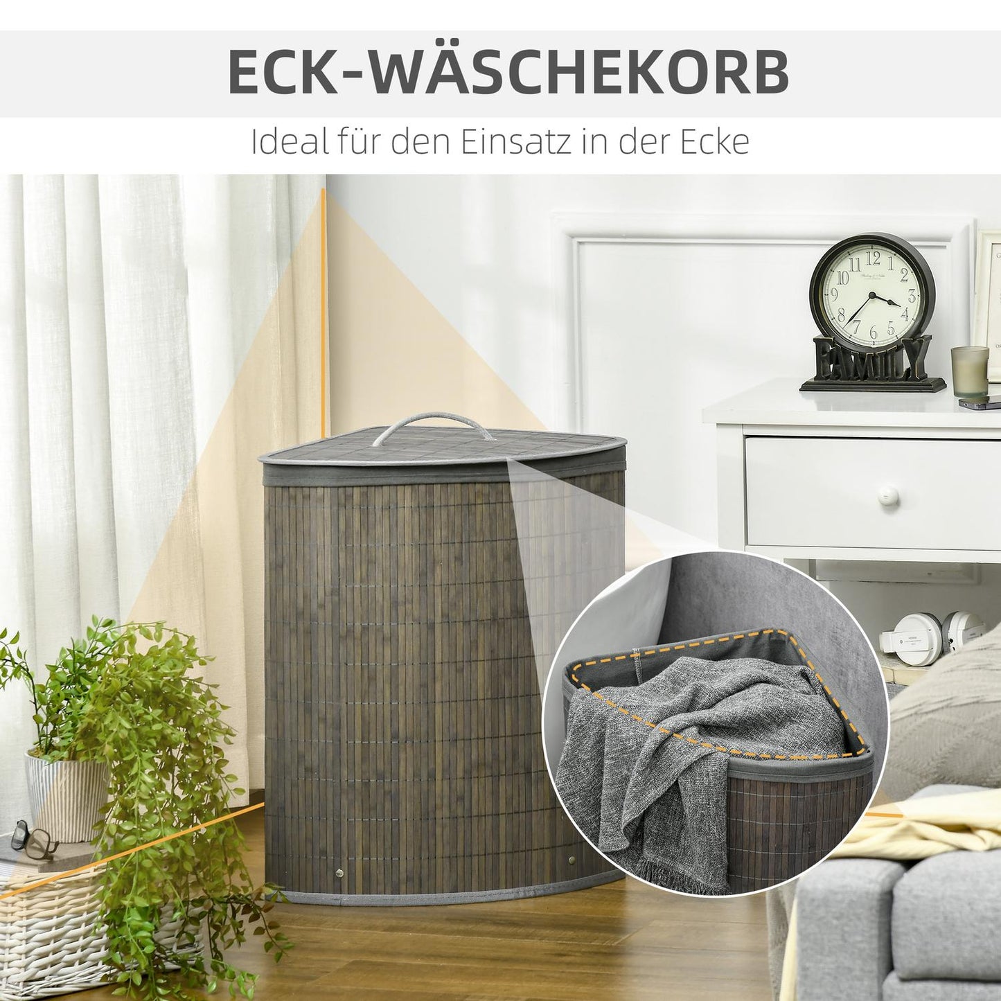 Bamboo laundry basket, 55L with lid & removable bag, grey