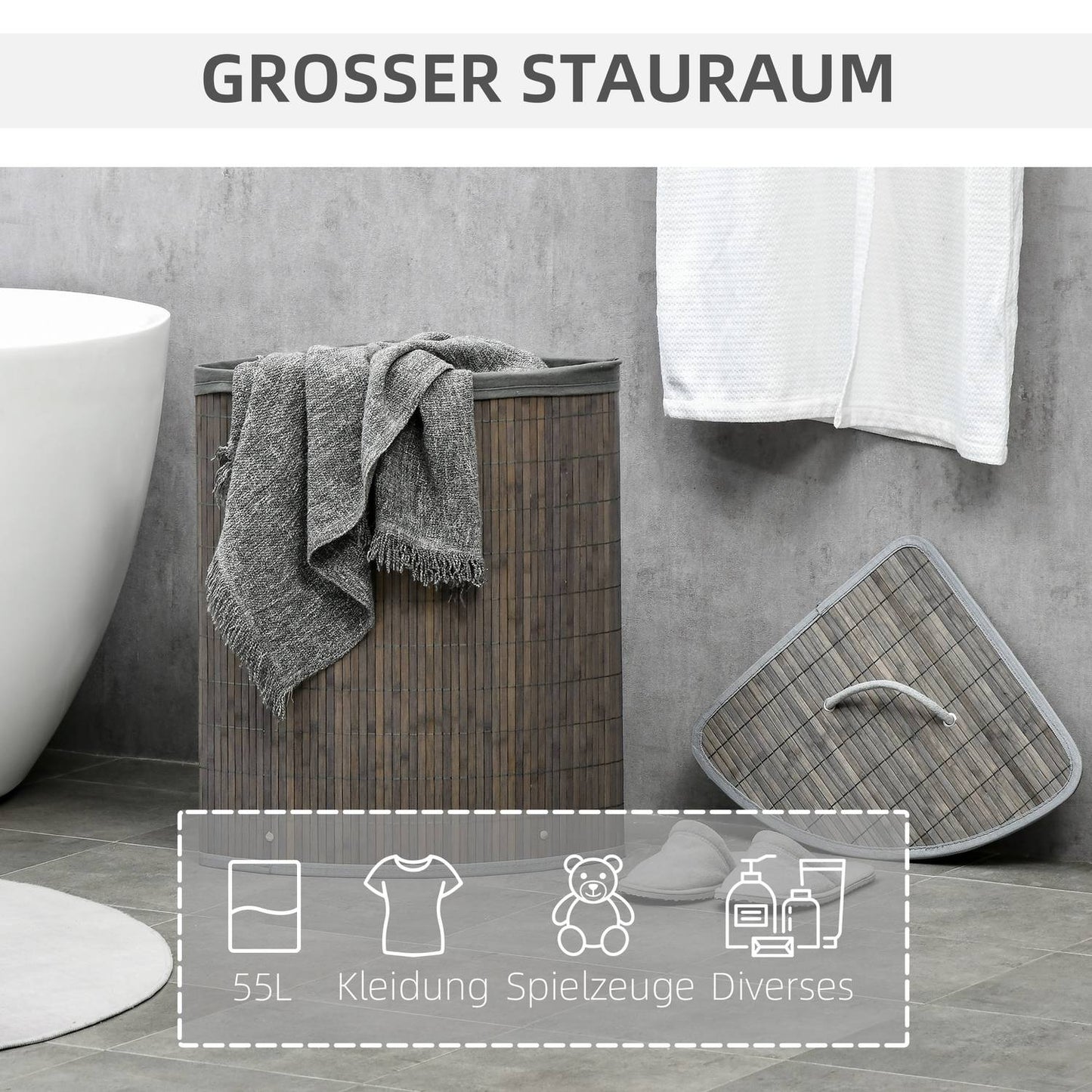 Bamboo laundry basket, 55L with lid & removable bag, grey