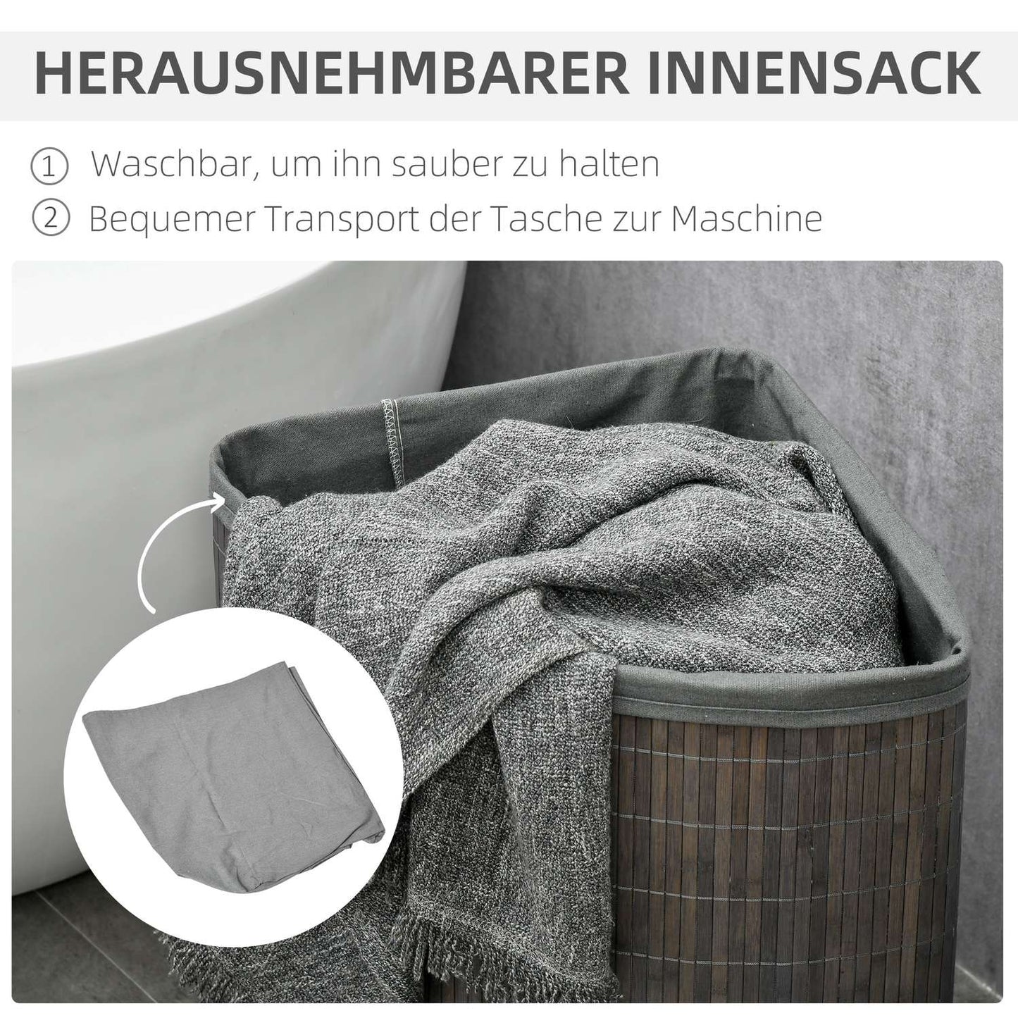 Bamboo laundry basket, 55L with lid & removable bag, grey