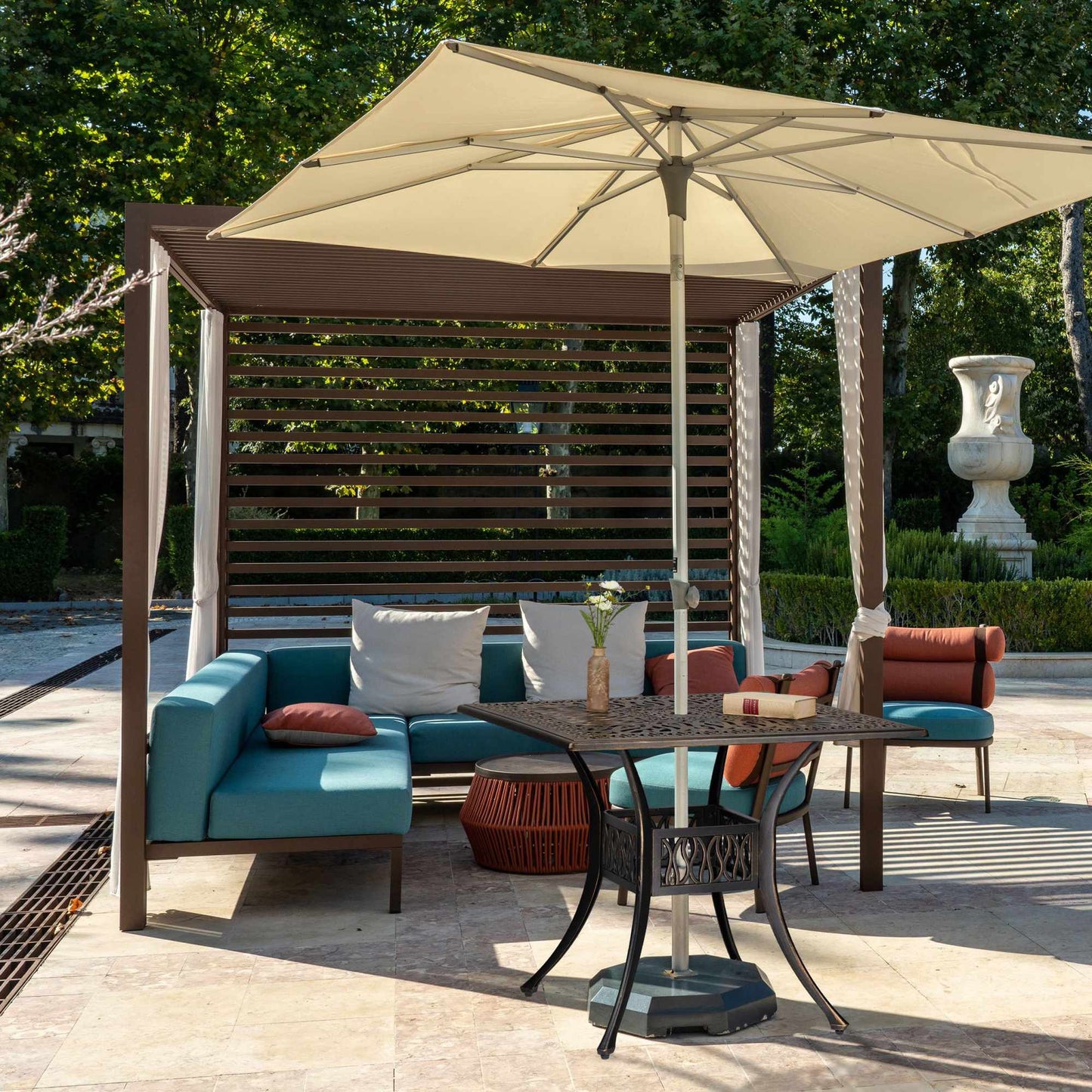 Square garden table with umbrella hole