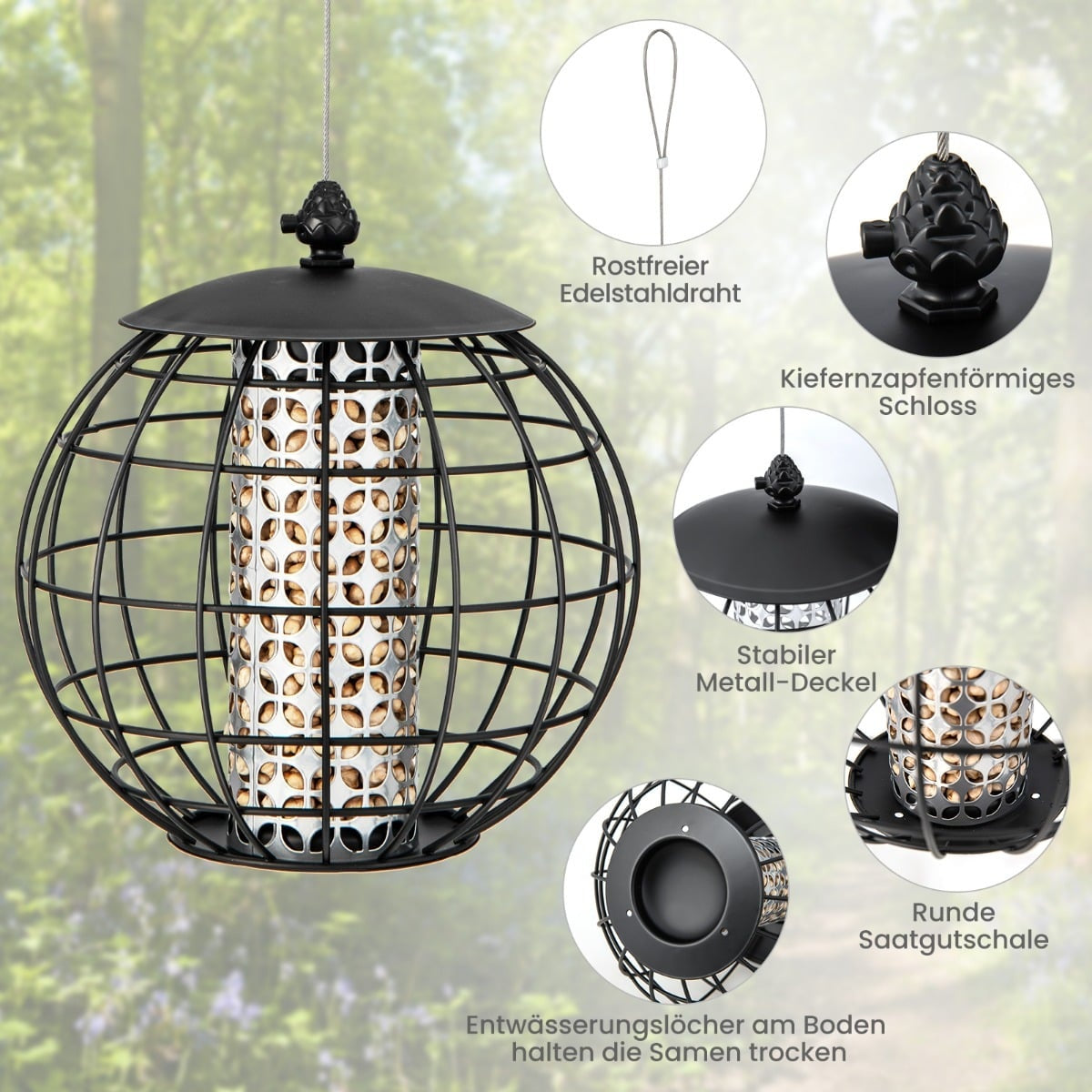 Squirrel-Proof Hanging Bird Feeder, Black, 21 x 22.5 cm