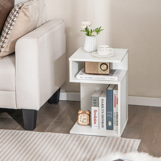 S-shaped side table with 2 open compartments modern bedside table 33 x 33 x 50 cm white