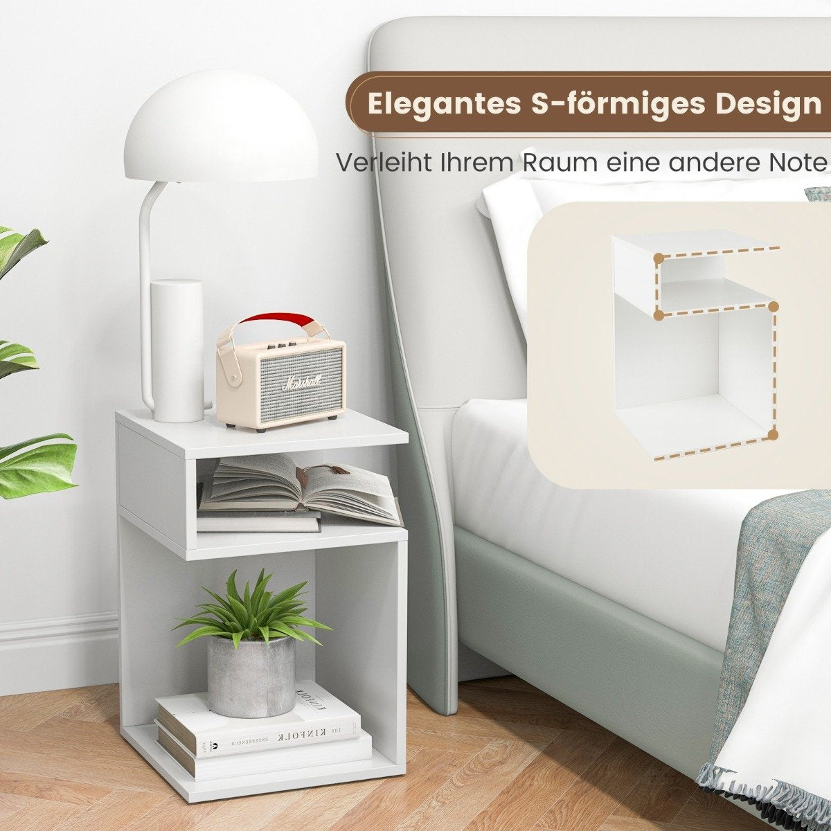 S-shaped side table with 2 open compartments modern bedside table 33 x 33 x 50 cm white