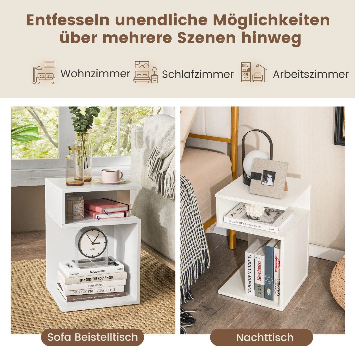 S-shaped side table with 2 open compartments modern bedside table 33 x 33 x 50 cm white