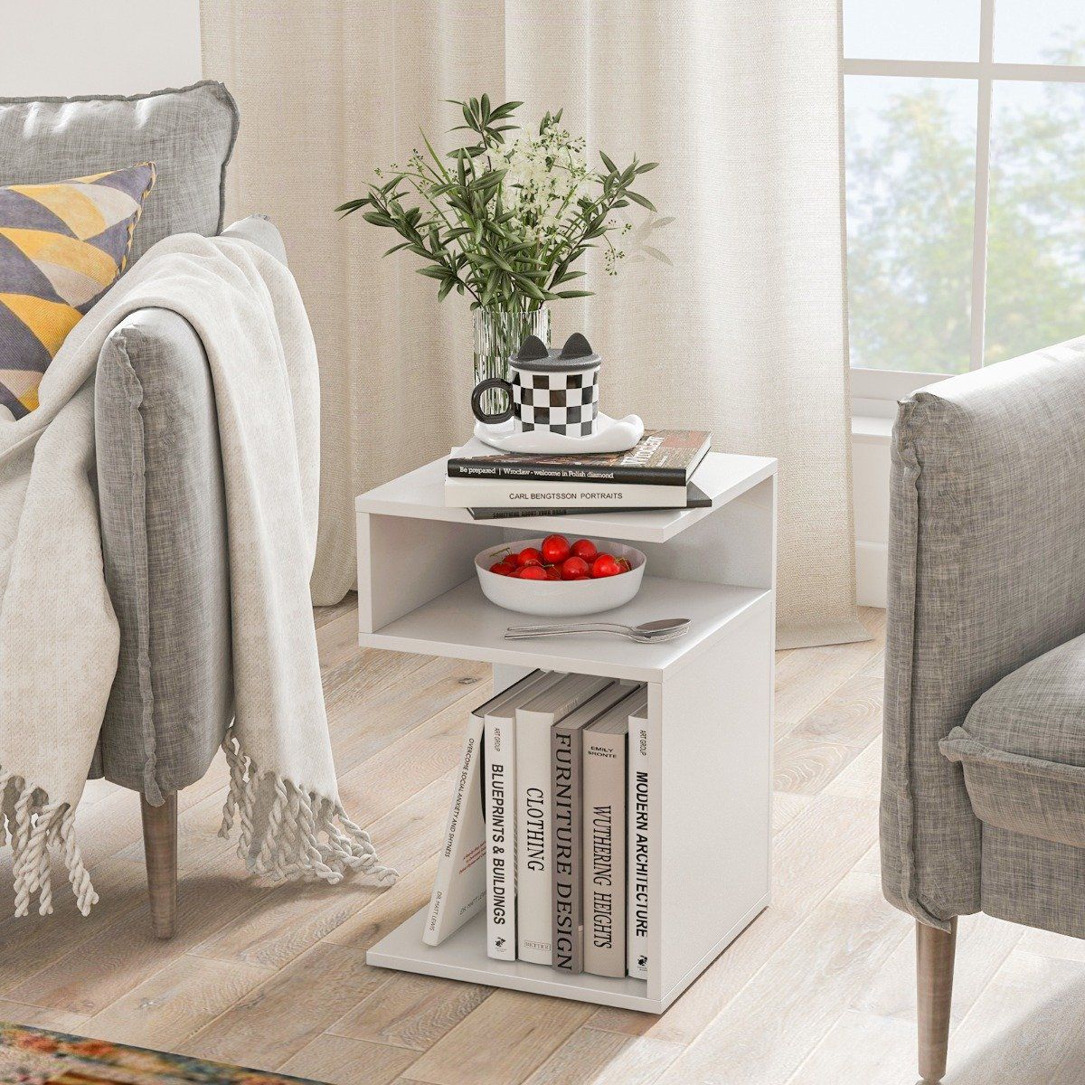 S-shaped side table with 2 open compartments modern bedside table 33 x 33 x 50 cm white