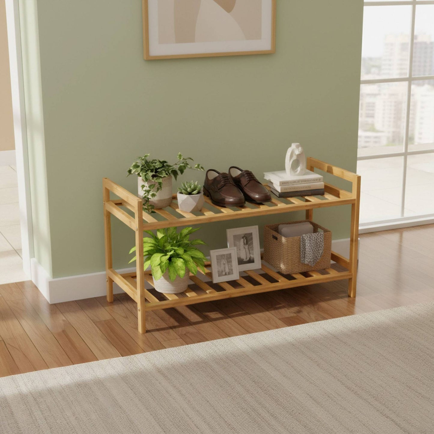 Stackable Bamboo Shoe Rack, 2 Levels, Holds 6 Pairs