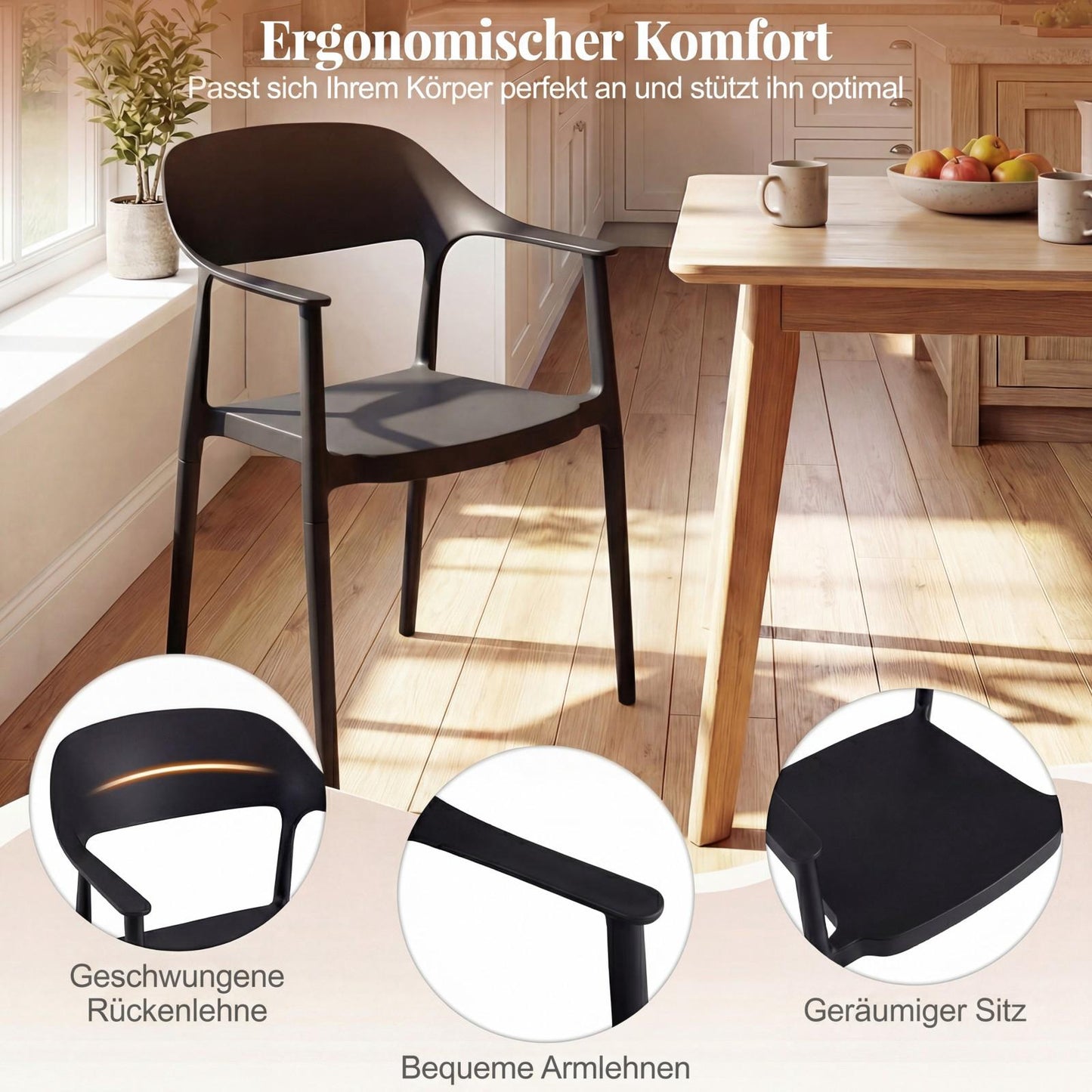 Stackable Black Dining Chair, 150 kg Capacity, Plastic
