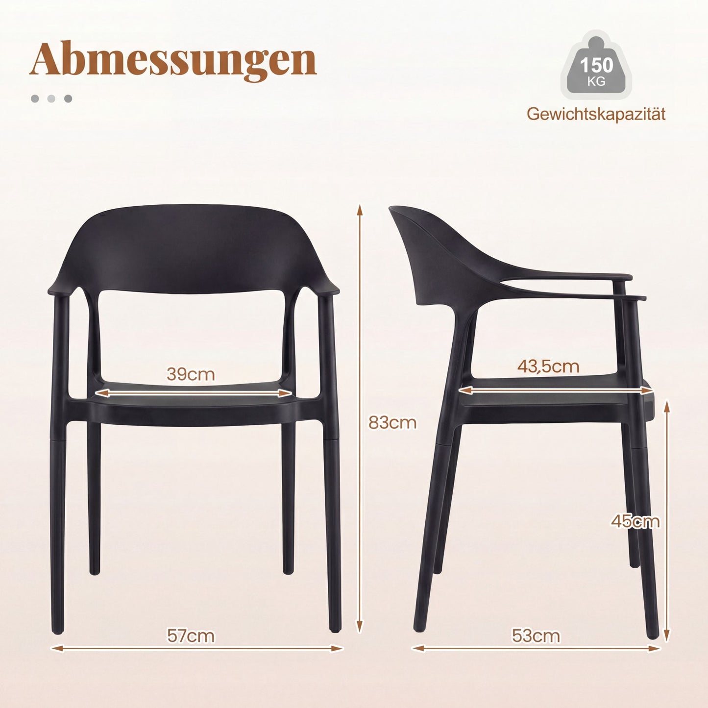Stackable Black Dining Chairs Set of 4, 150kg Capacity