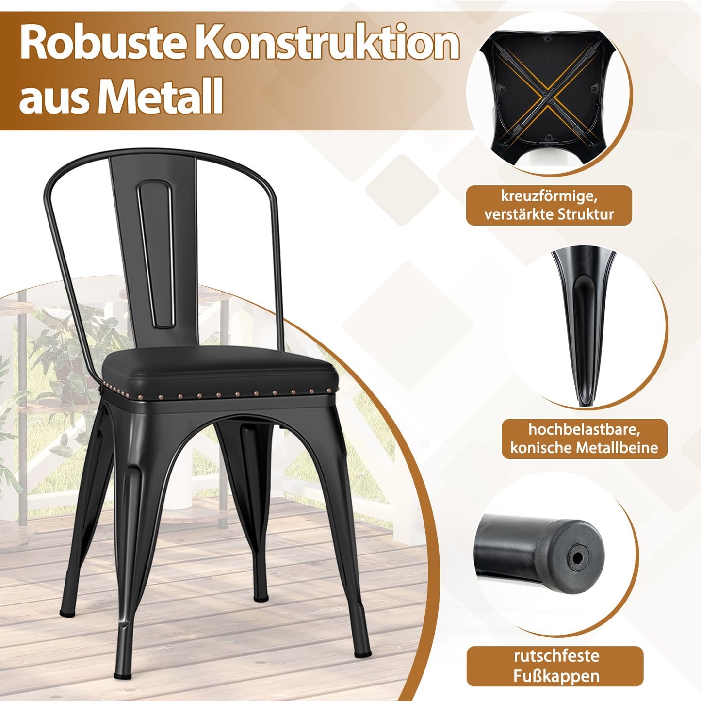 Stackable Black Metal Dining Chairs, Set of 4, Padded Seats
