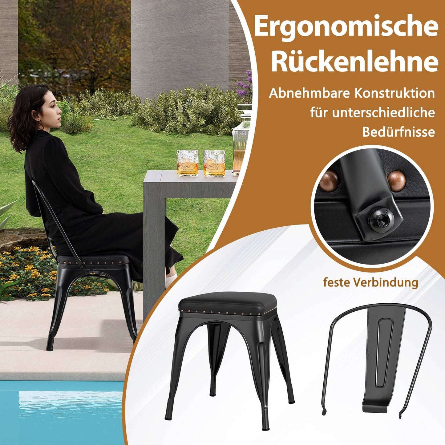 Stackable Black Metal Dining Chairs, Set of 4, Padded Seats