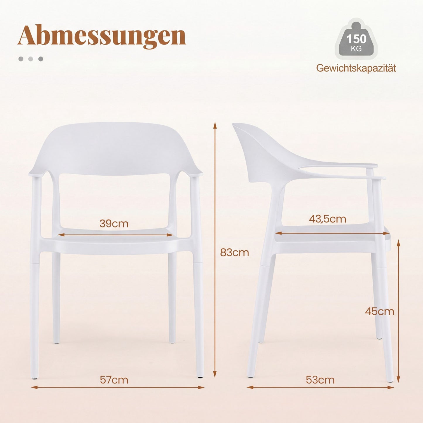 Stackable Dining Chair, 150kg Capacity, White, PP Material