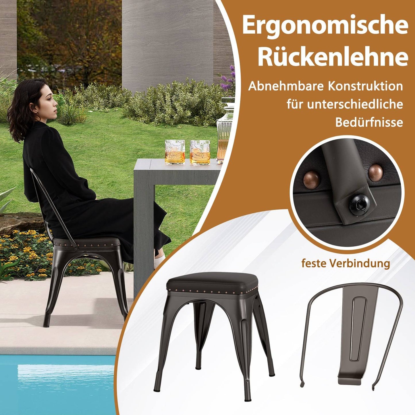 Stackable Dining Chairs Set of 4, Metal, Padded, Removable Back