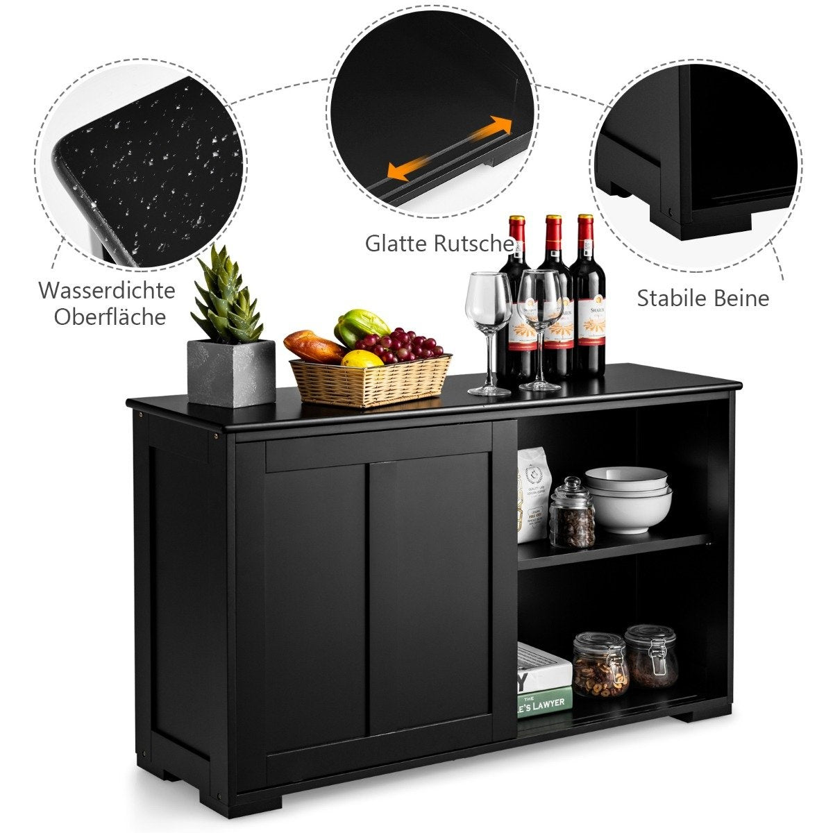 Stackable Kitchen Sideboard with Sliding Doors, Black MDF