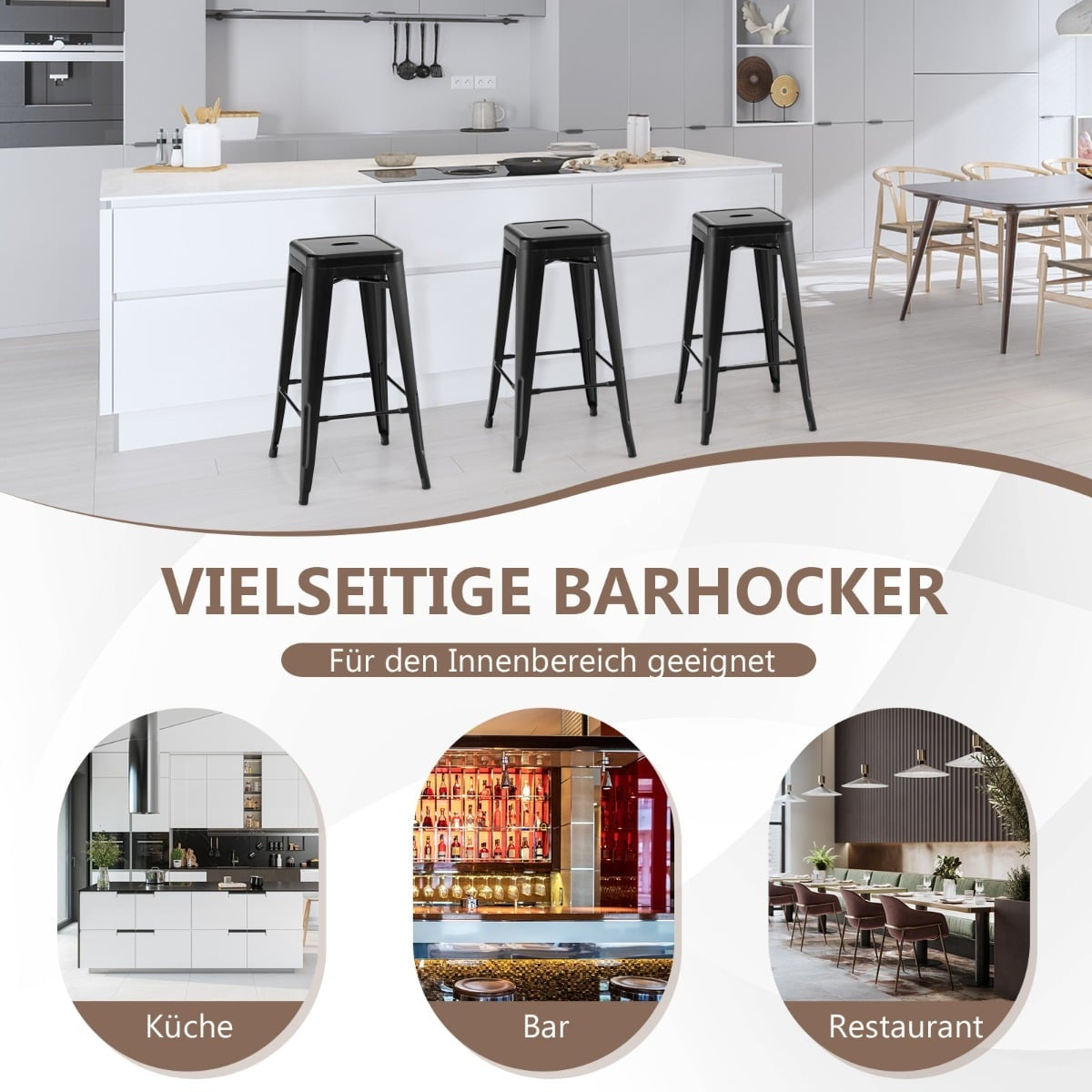 Stackable Metal Bar Stools Set, 76cm, Black, 150kg Capacity