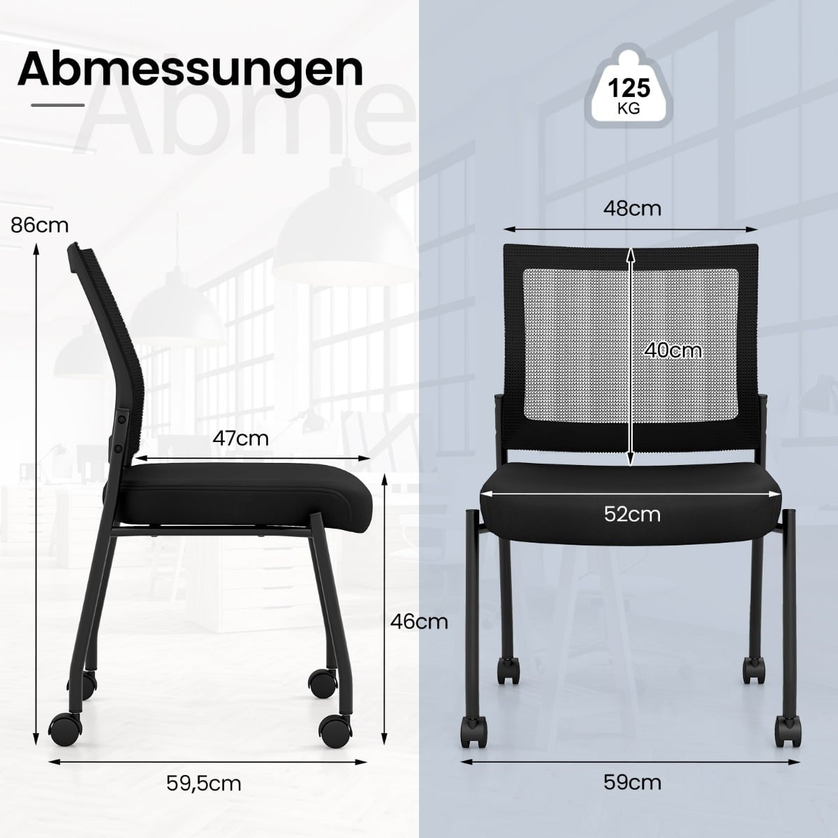 Stackable Office Chairs with Wheels, Set of 2, Black