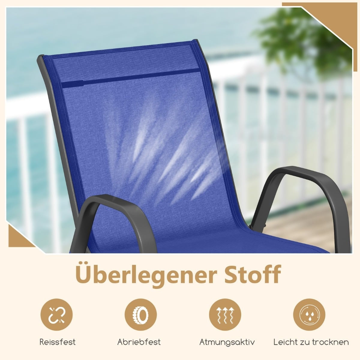 Stackable Outdoor Chairs Set of 2, Blue, Metal & Textilene