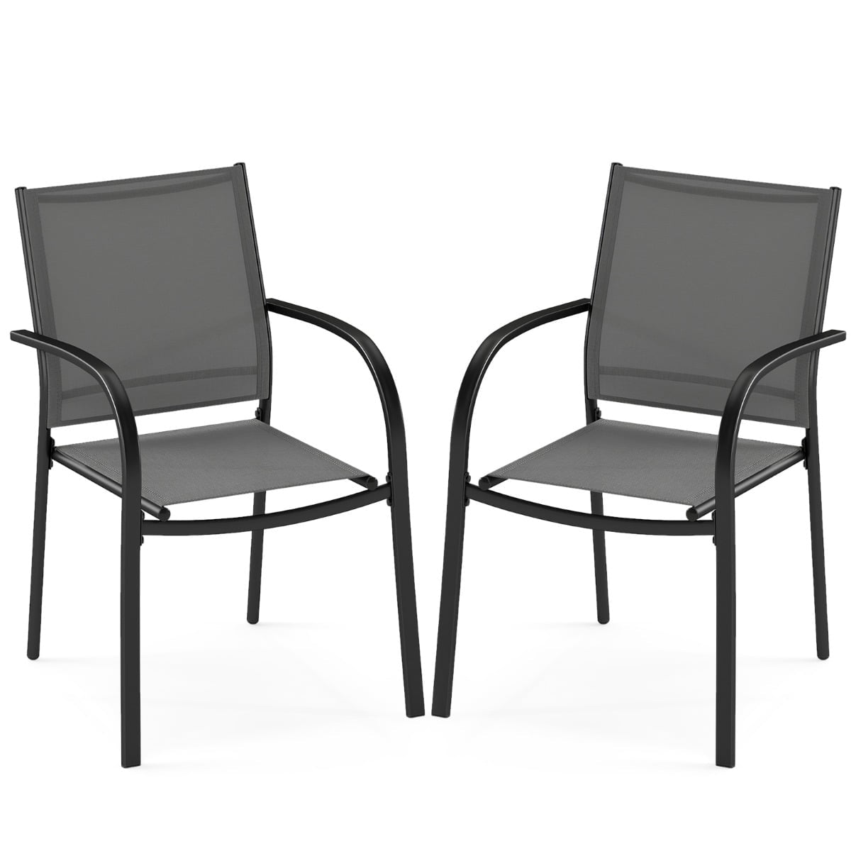 Stackable Outdoor Chairs, Set of 2, Metal & Textilene, Gray