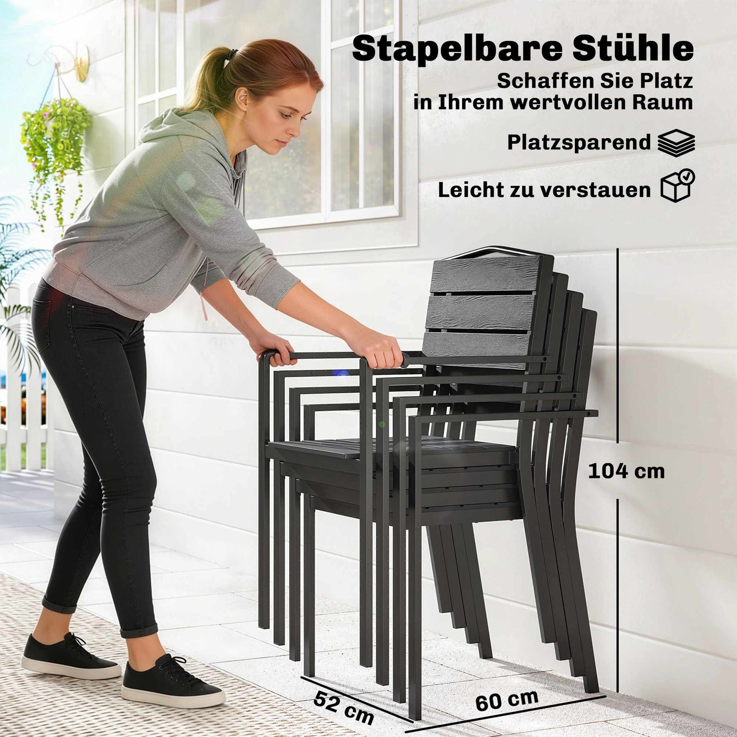 Stackable Outdoor Chairs, Set of 4, Black, HDPE, 52x51x90 cm