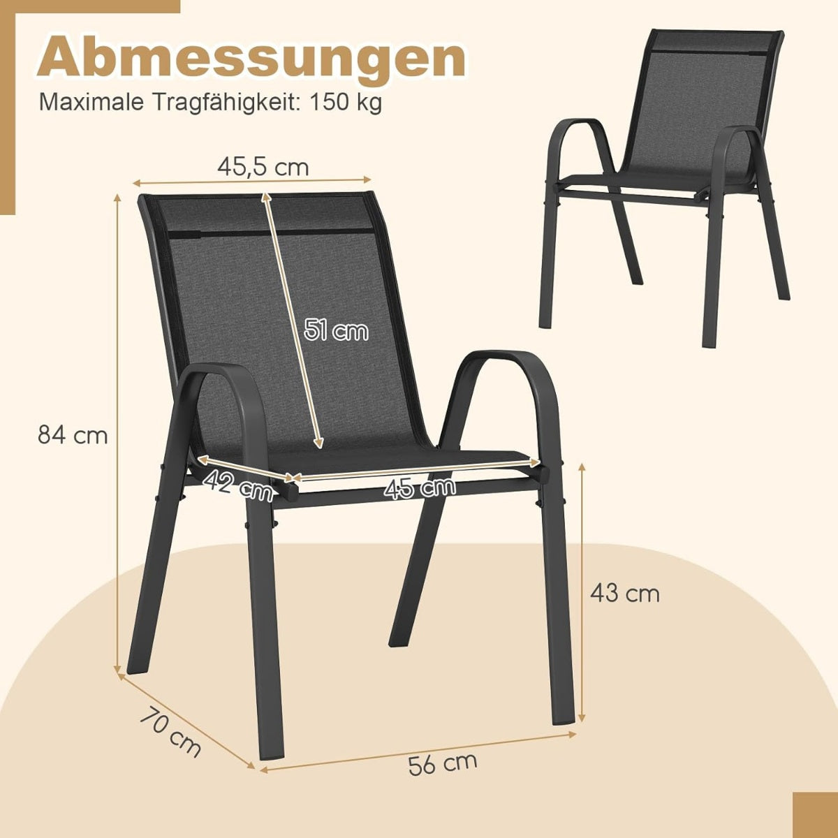 Stackable Outdoor Chairs Set of 4, Black, Metal & Textilene