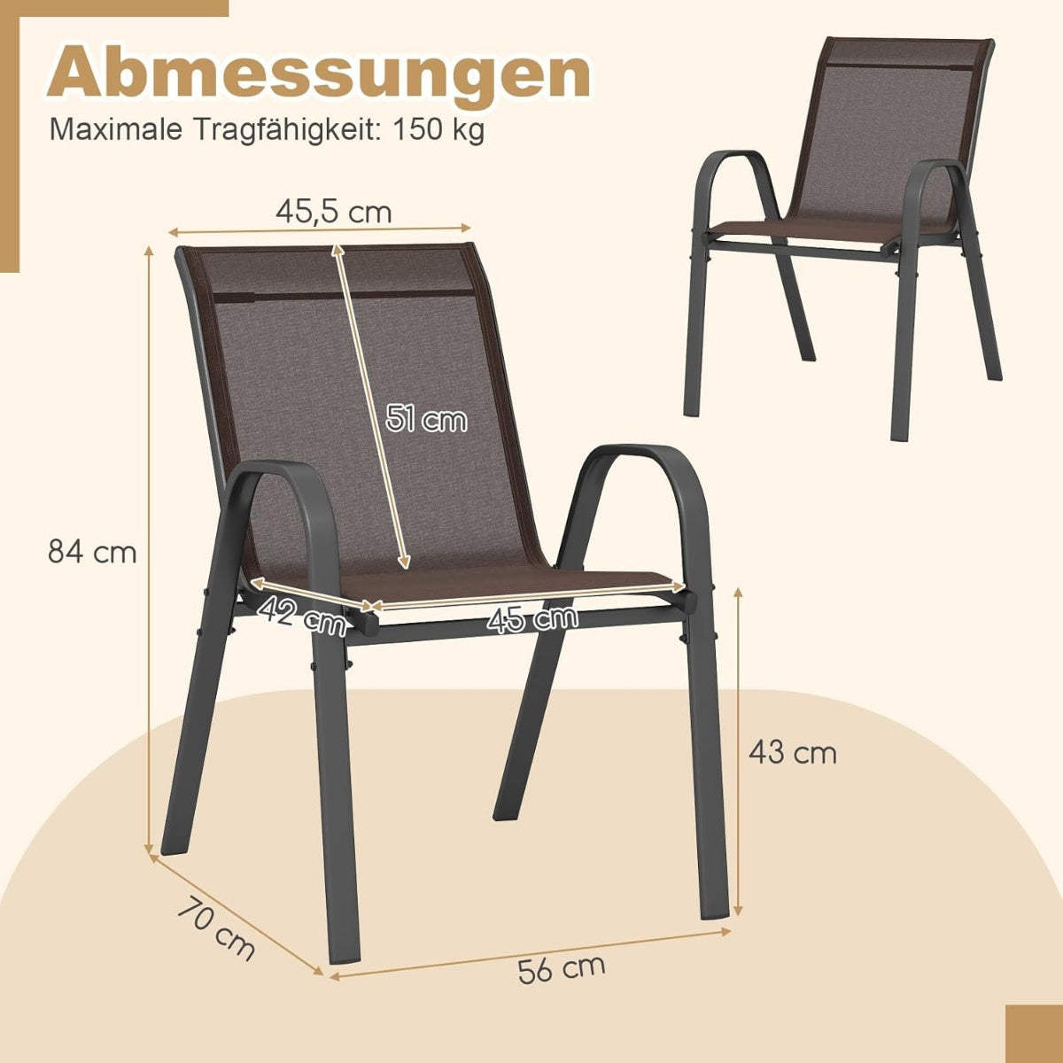 Stackable Outdoor Chairs Set of 4, Metal Frame, Brown