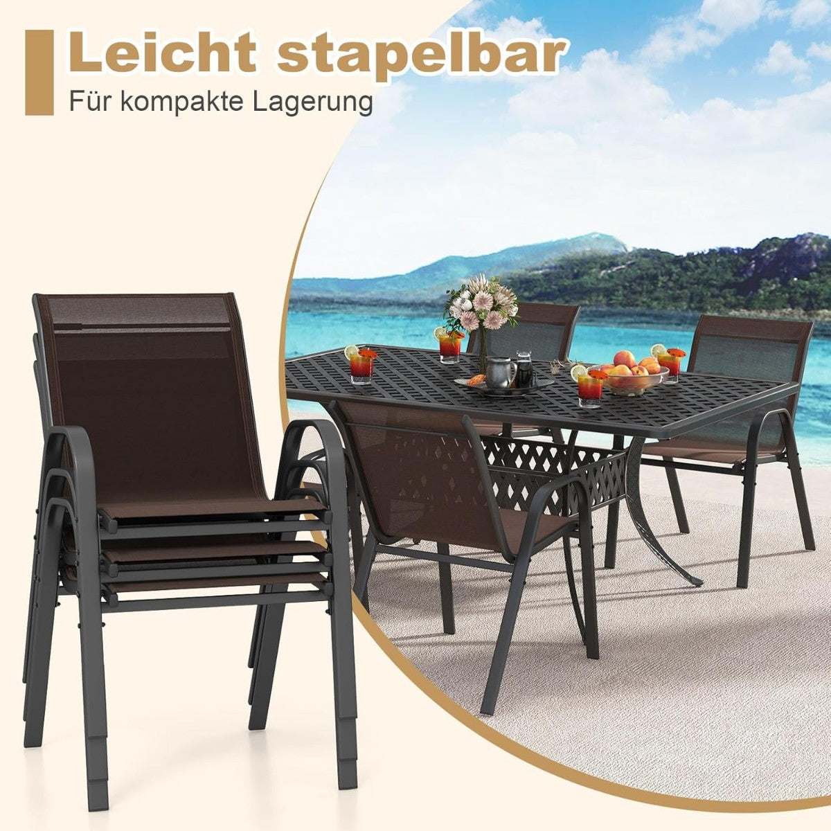 Stackable Outdoor Chairs Set of 4, Metal Frame, Brown