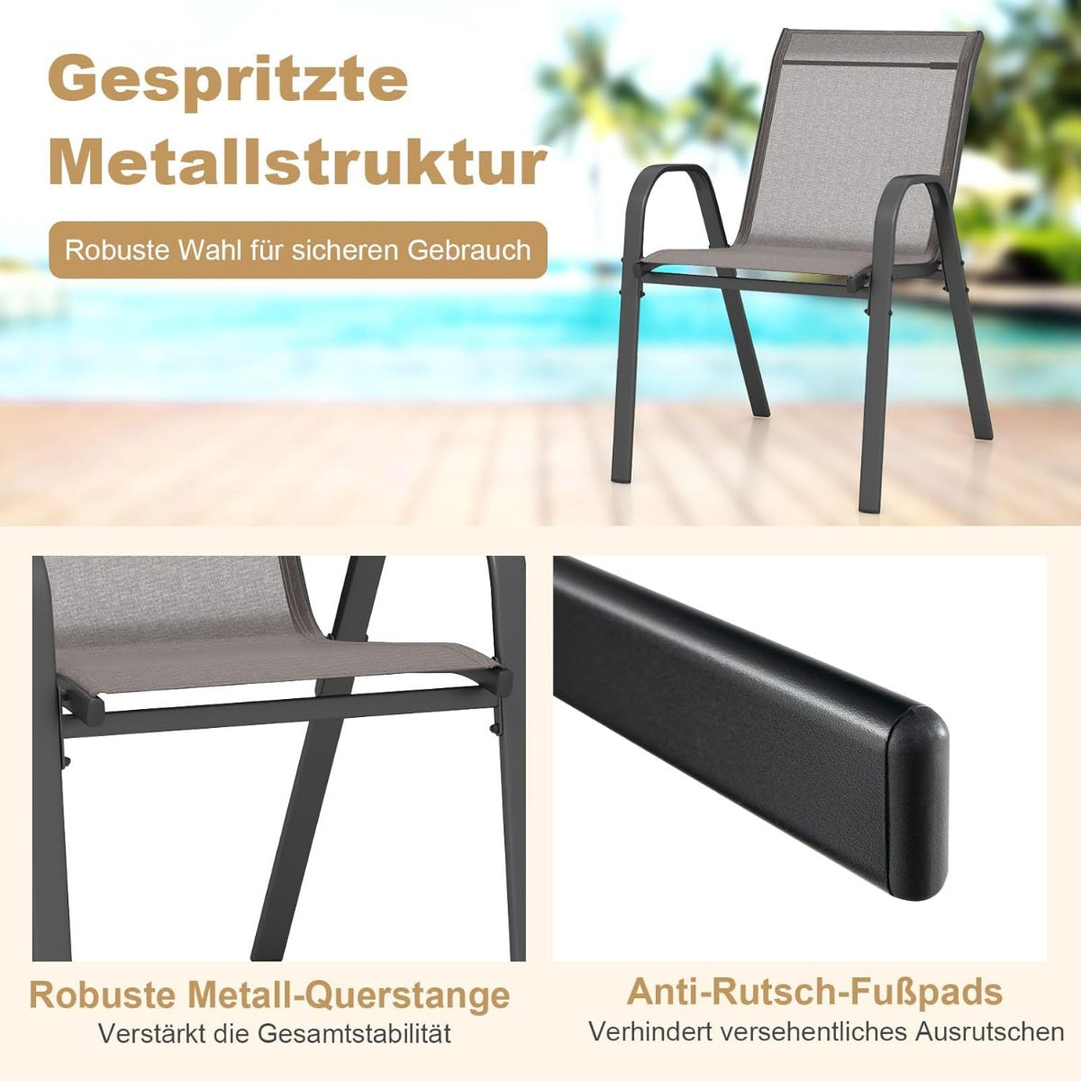 Stackable Outdoor Chairs Set of 4, Textilene & Metal, Gray