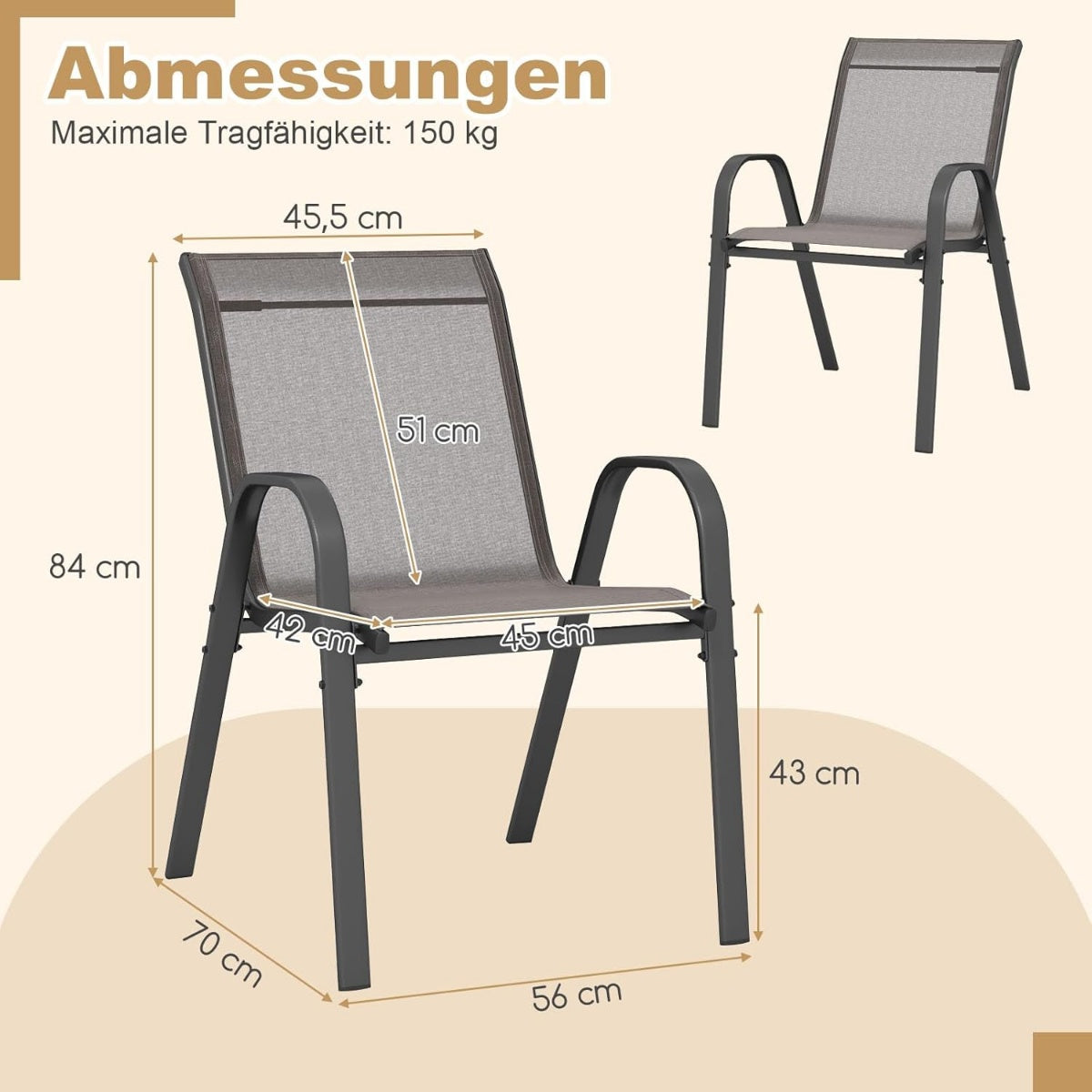 Stackable Outdoor Chairs Set of 4, Textilene & Metal, Gray