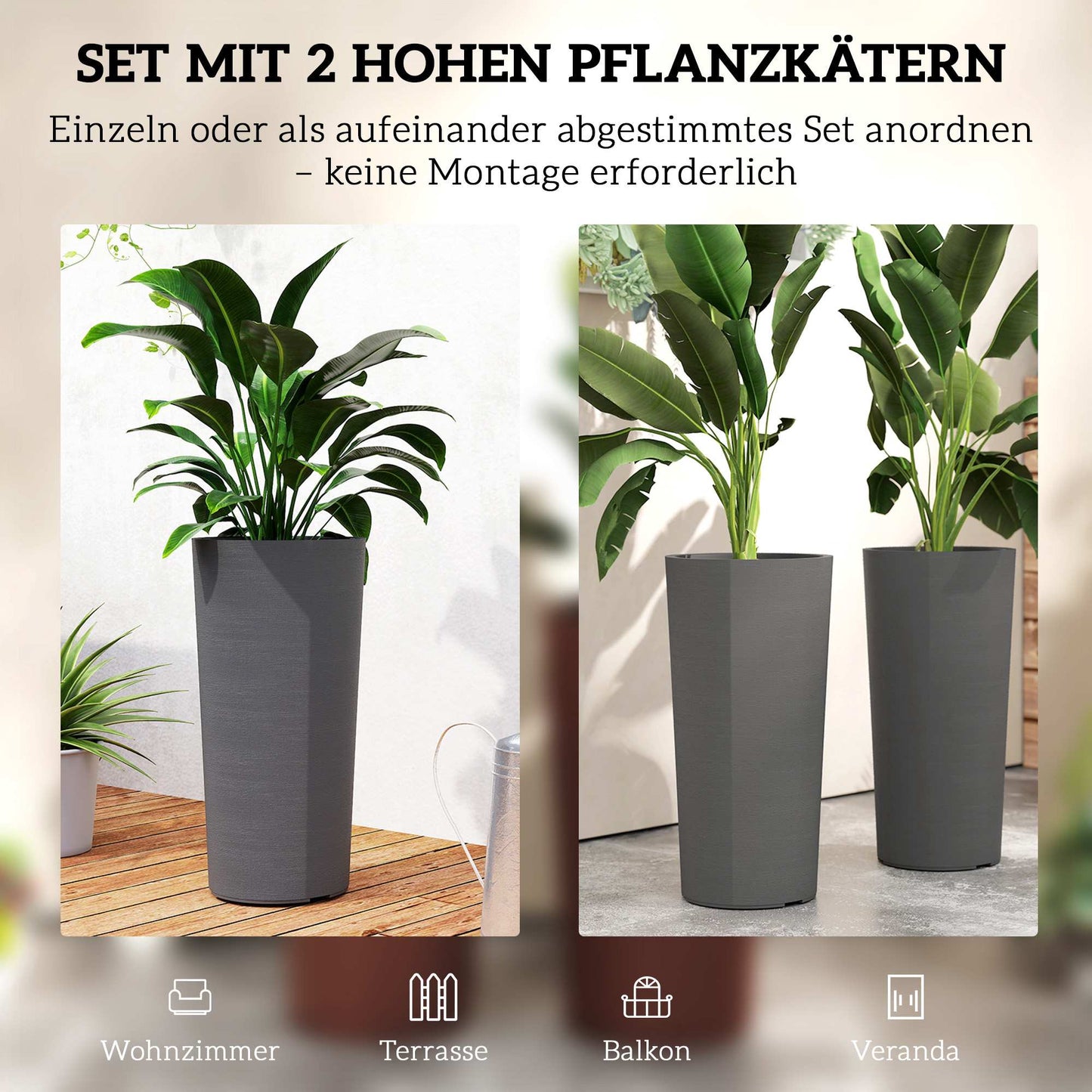 Stackable Planter Set with Drainage, 60 cm, Dark Grey