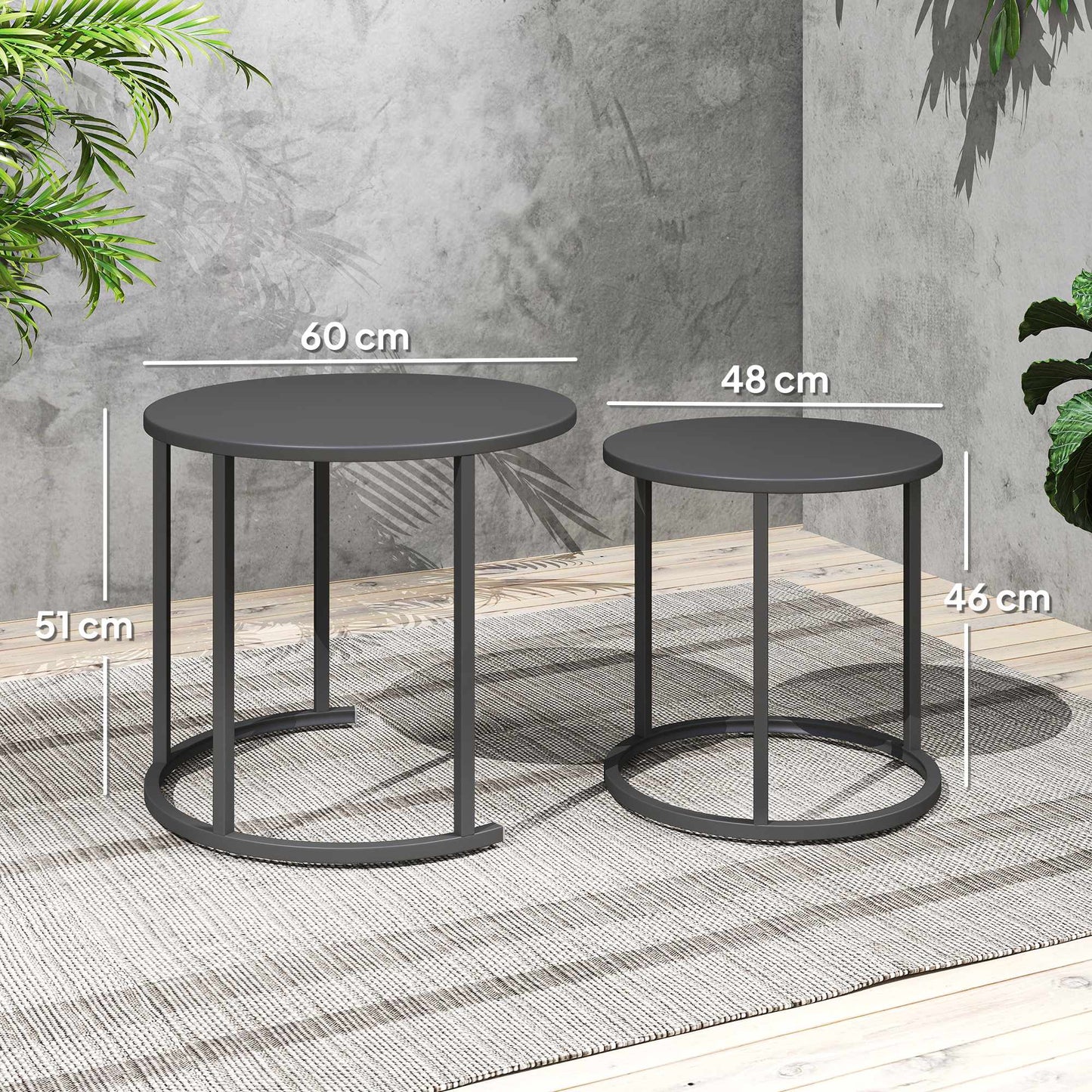 Stackable Round Outdoor Side Table Set, Dark Grey Steel