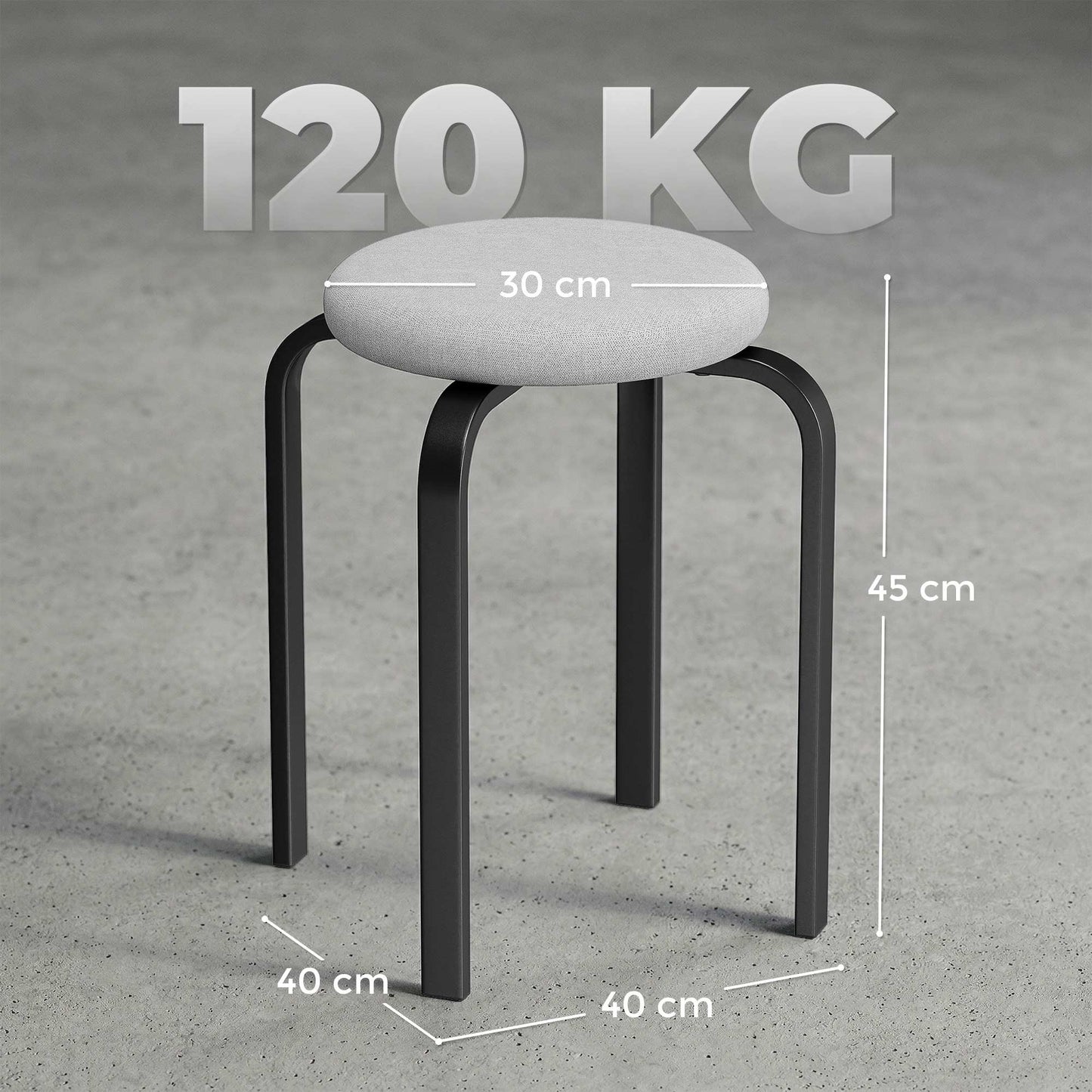 Stackable Round Stools Set of 4, Padded, Grey