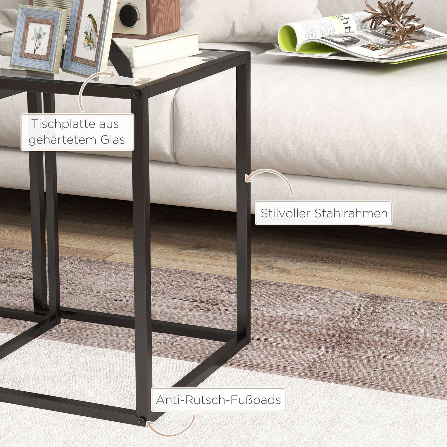 Stackable Side Tables Set, Steel Legs, Black, Modern Design