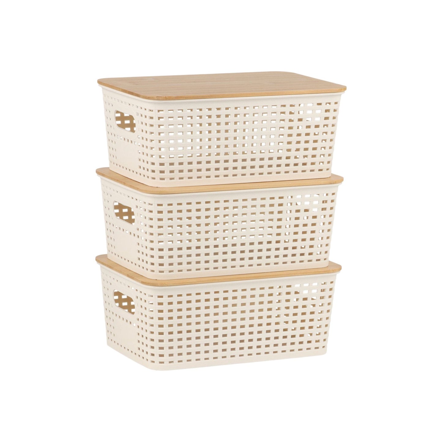Stackable Storage Box Set with Bamboo Lid, Perforated Design