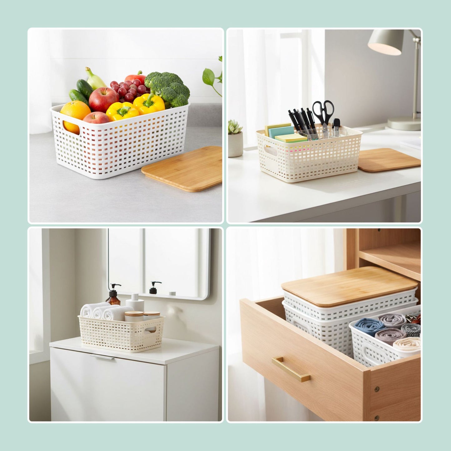 Stackable Storage Box Set with Bamboo Lid, Perforated Design