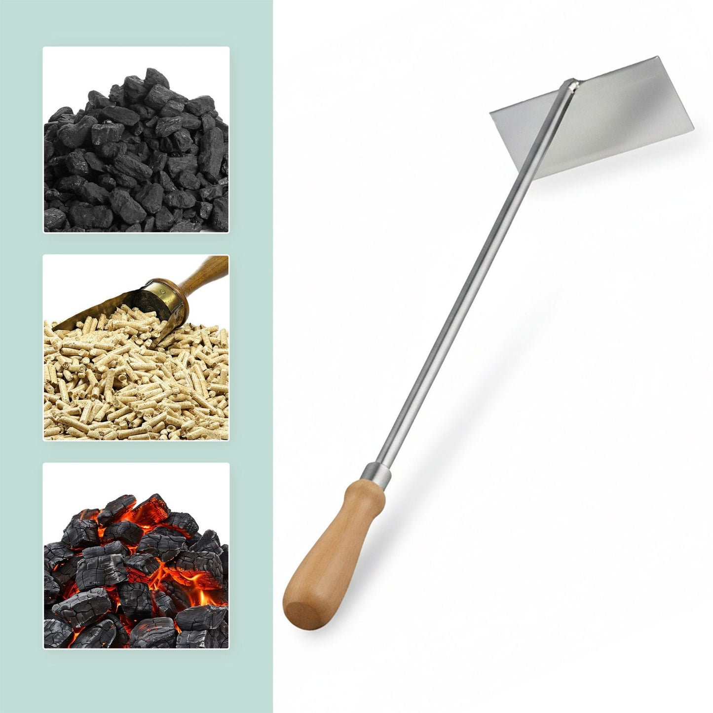 Stainless Steel Ash Scraper, Wooden Handle, Heat-Resistant