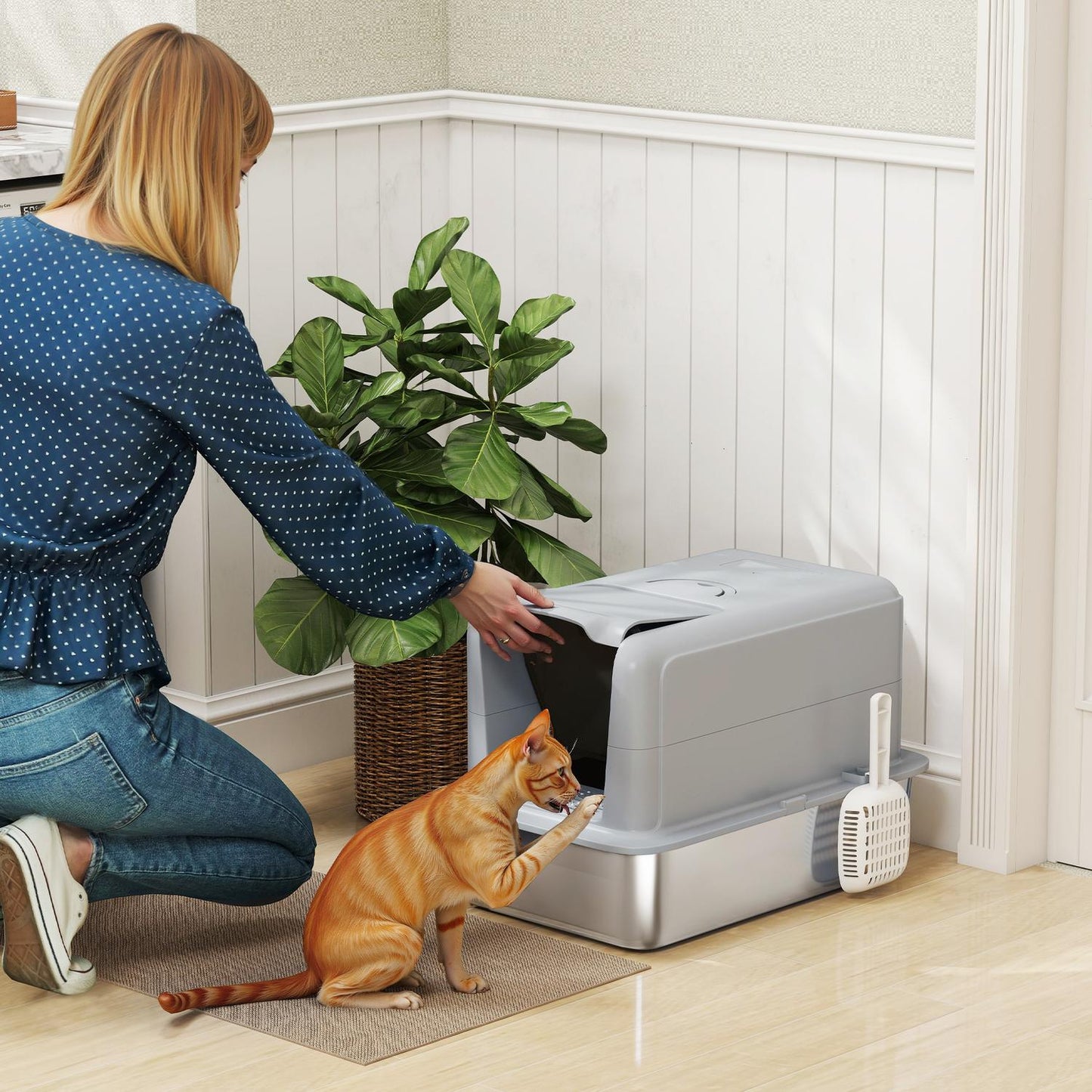 Stainless Steel Cat Litter Box with Filter & Scoop, 6kg Capacity