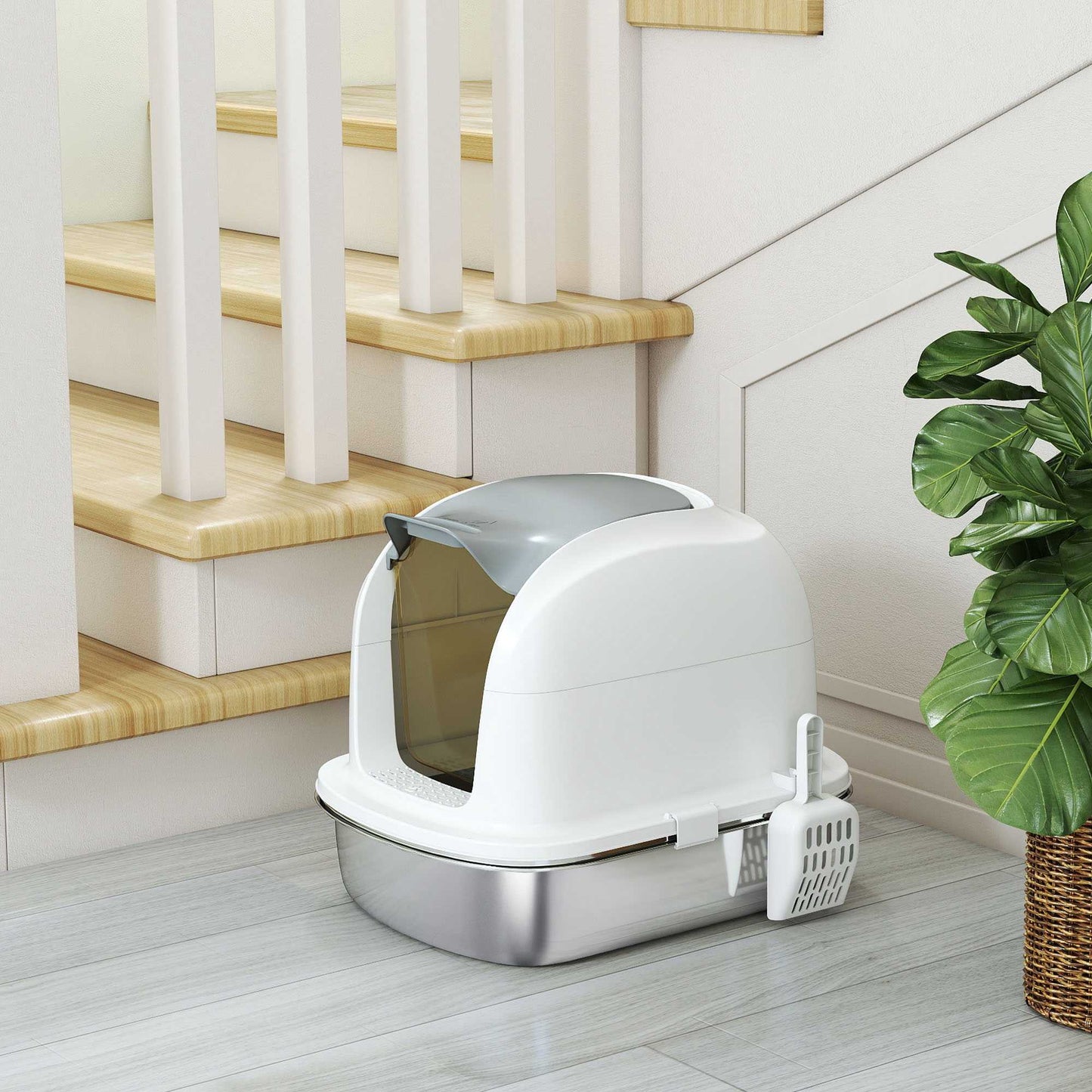 Stainless Steel Cat Litter Box with Lid, Scoop, 52x41x42 cm