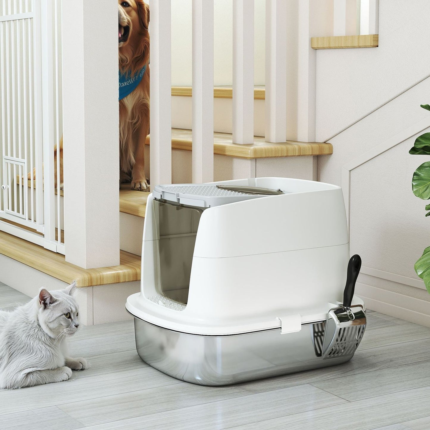 Stainless Steel Enclosed Cat Litter Box with Scoop