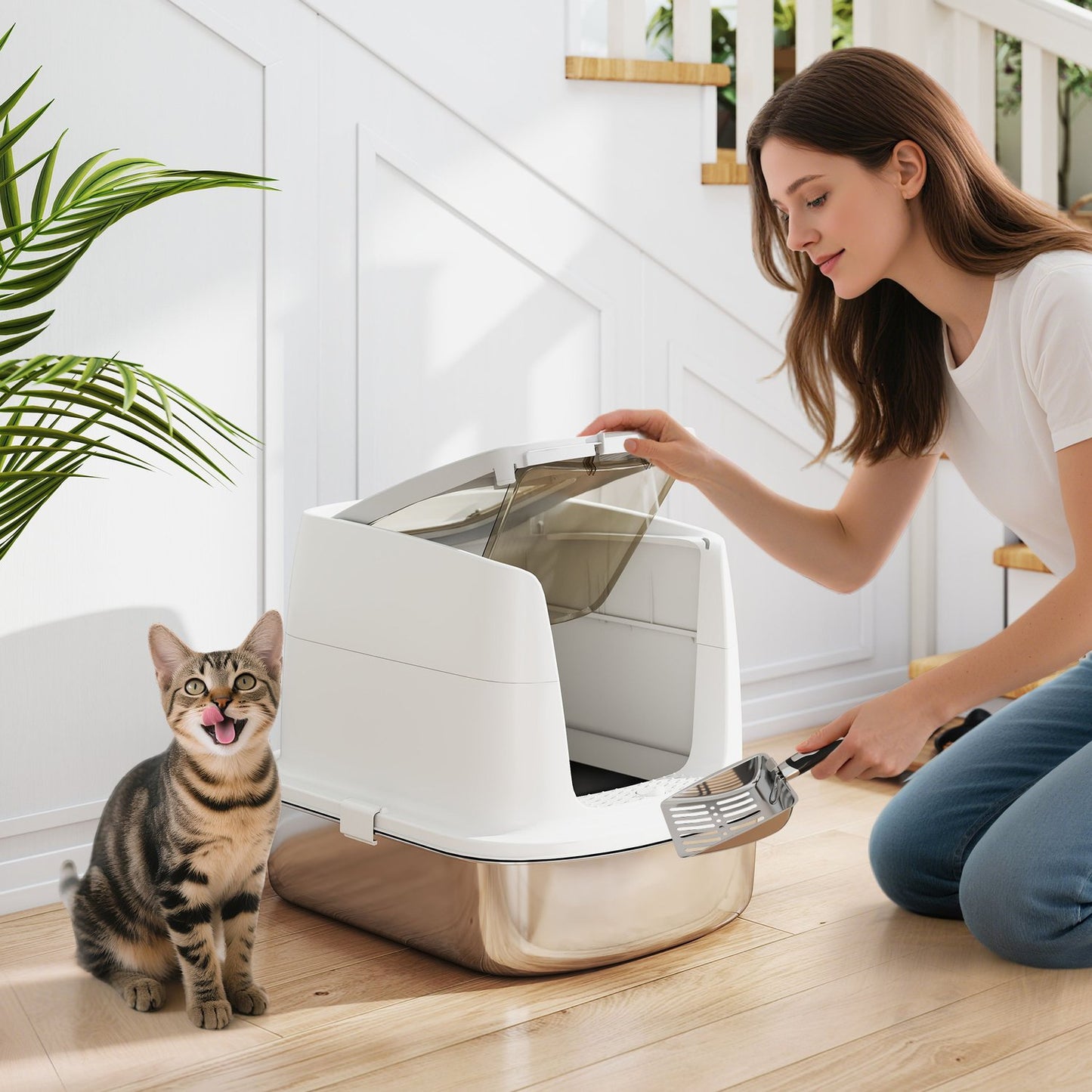 Stainless Steel Enclosed Cat Litter Box with Scoop