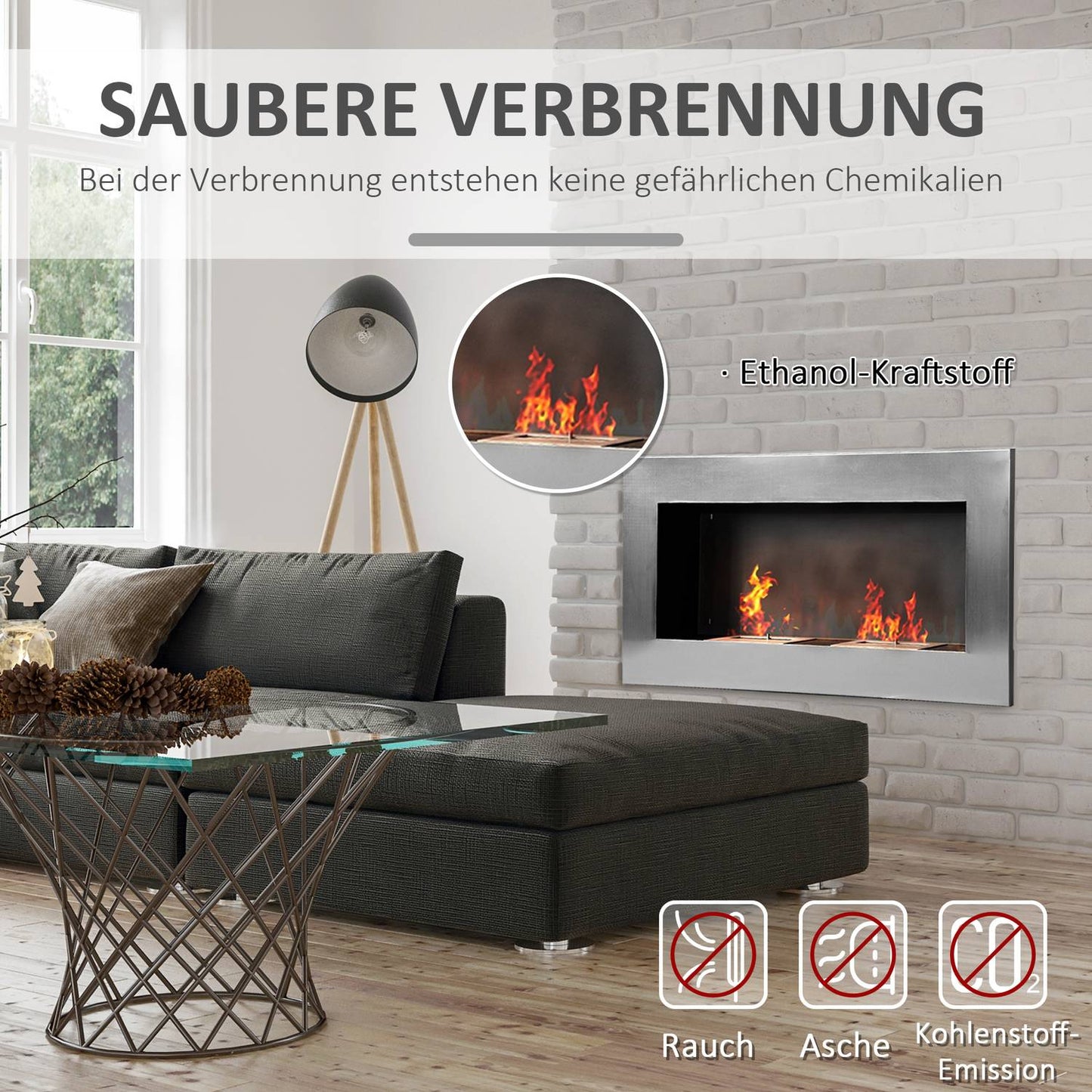 Stainless steel Wall-mounted Bioethanol Fireplace 110x54x14 Cm