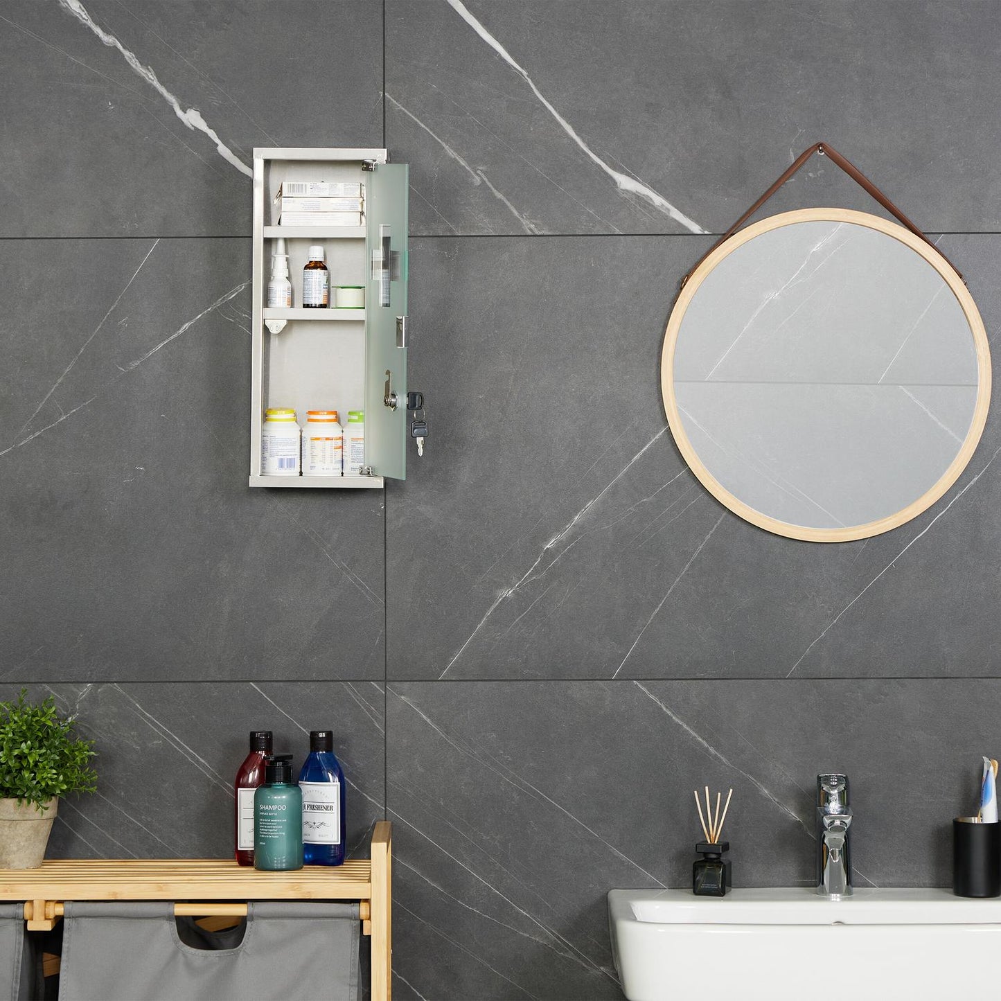 Stainless Steel Medicine Cabinet with Lock, 3 Compartments