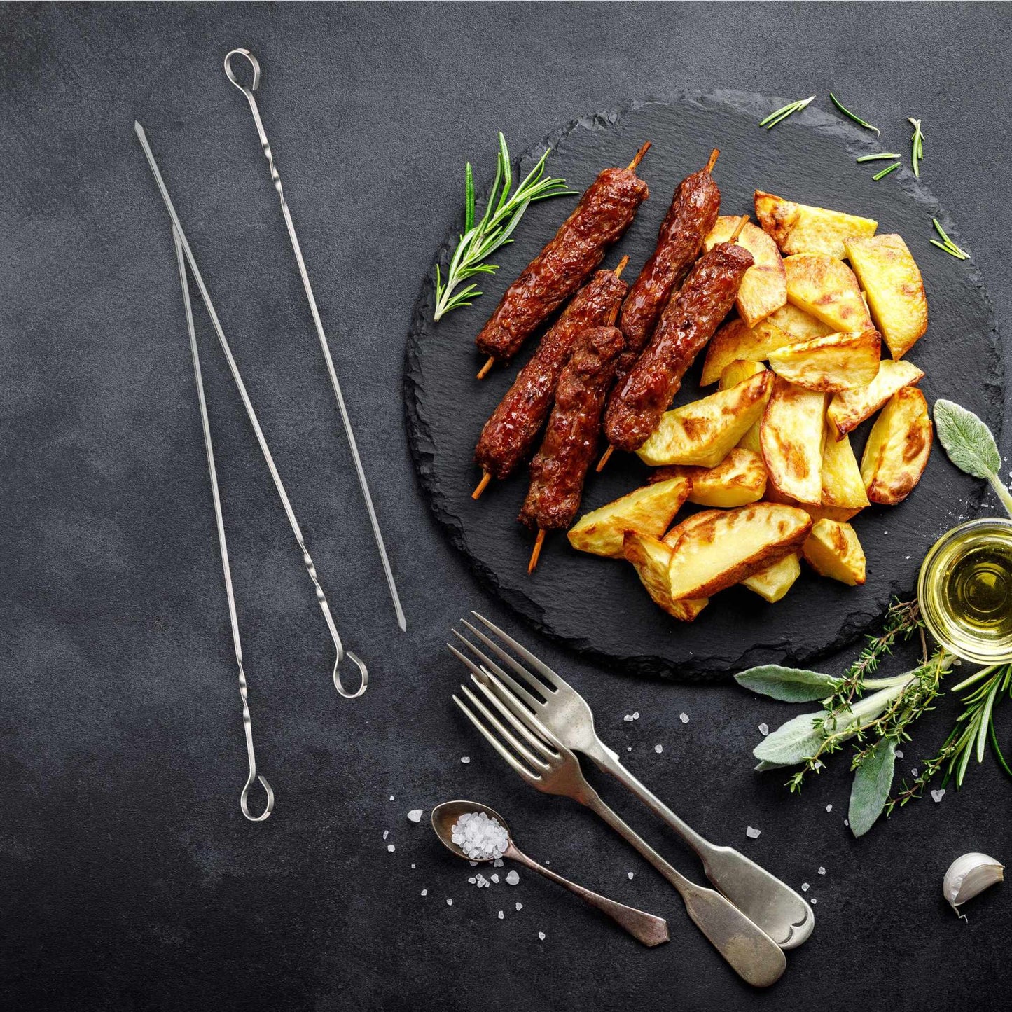 Stainless steel barbecue skewers in a set of 20