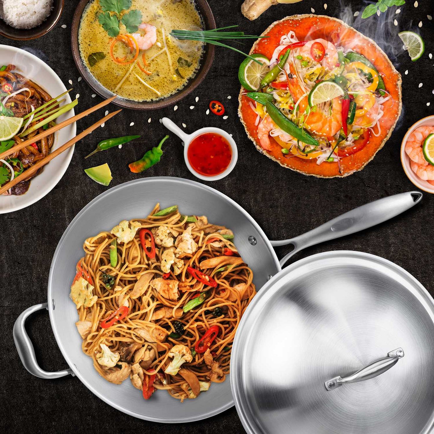 Stainless steel wok with lid